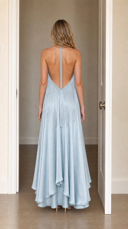 Back view showing open back of Light Blue halter fringe maxi dress