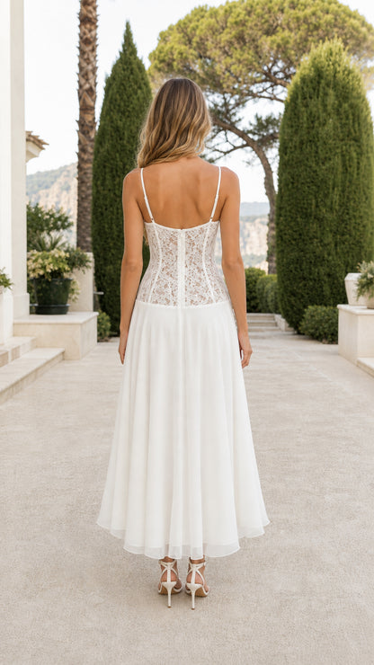 Back view of White lace corset maxi dress