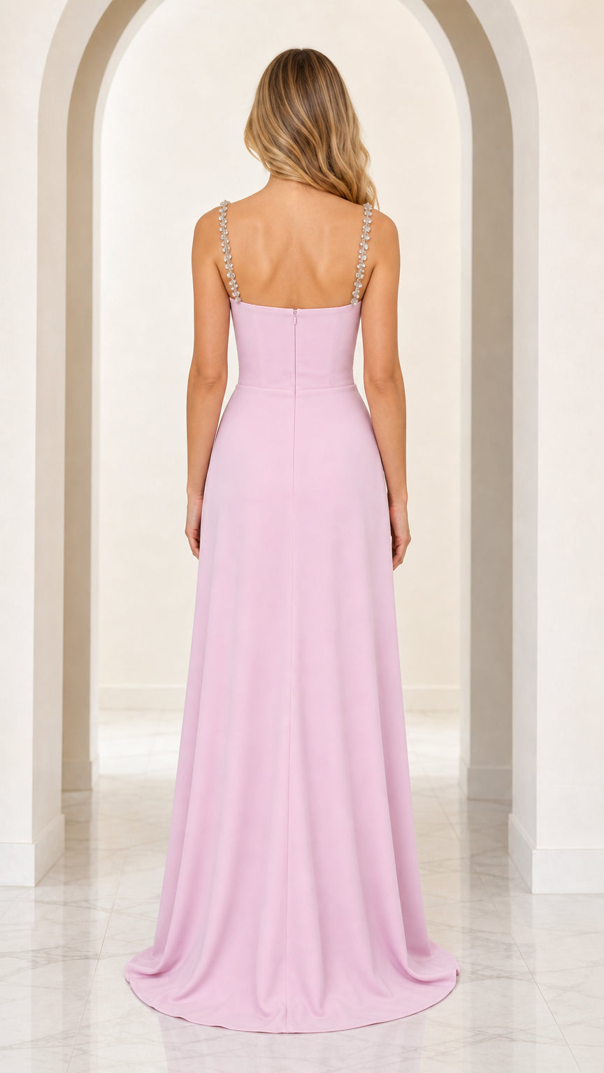 Back view of lavender evening dress with low back and invisible zipper