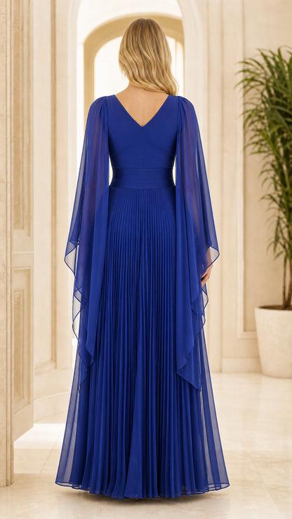 Back view of royal blue floor-length formal gown with V-back