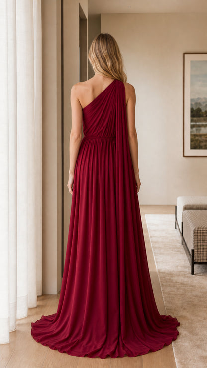 Back view of burgundy formal maxi dress