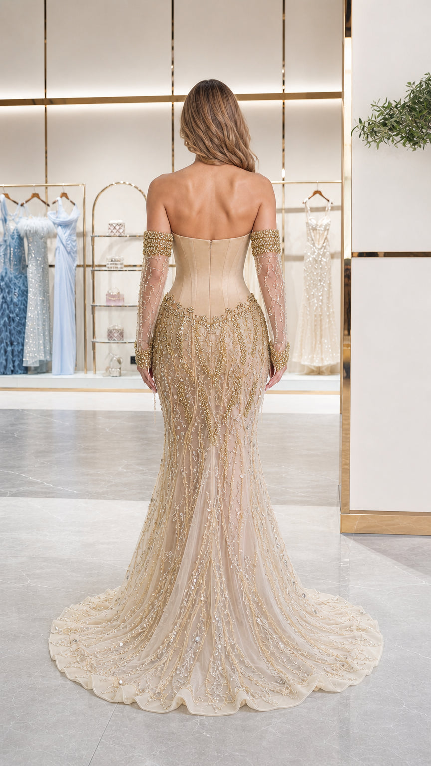 Exquisite Beaded Corset Mermaid Evening Dress in Champagne back view