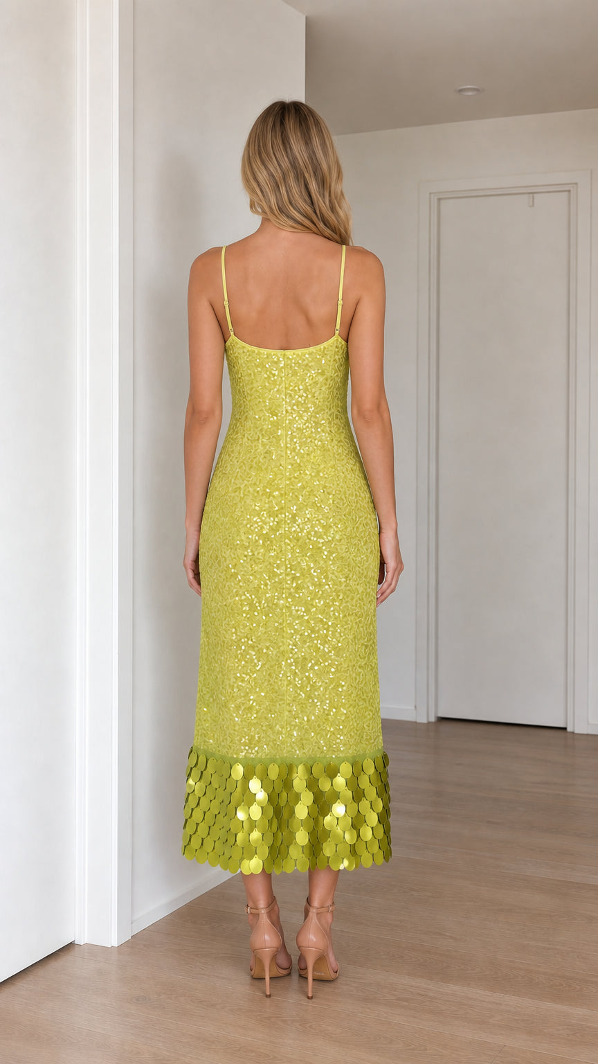 Model wearing lime green sequin midi dress, back view