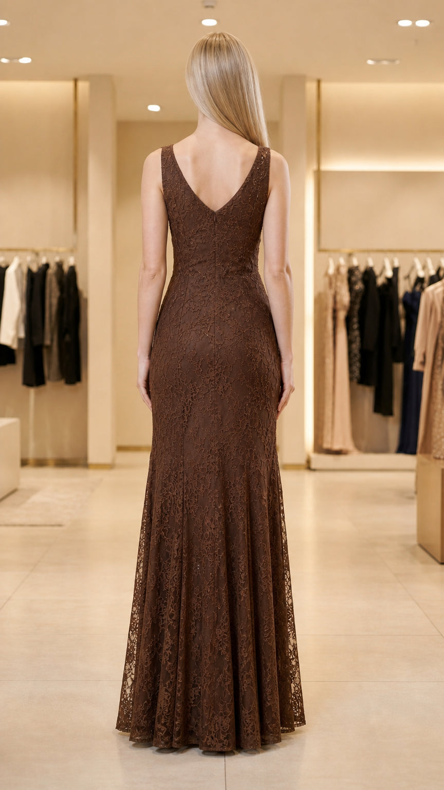 Back view of brown lace evening gown