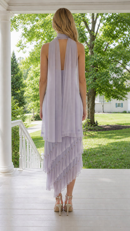 Back view of lavender chiffon cocktail dress showing draped neck scarf