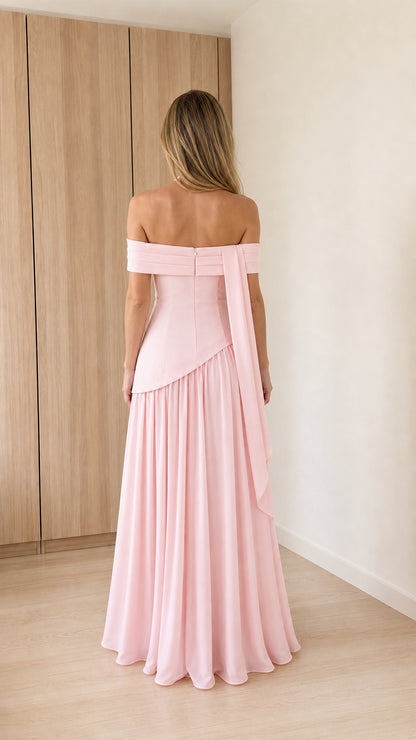 Back view of pink maxi dress with pleated skirt