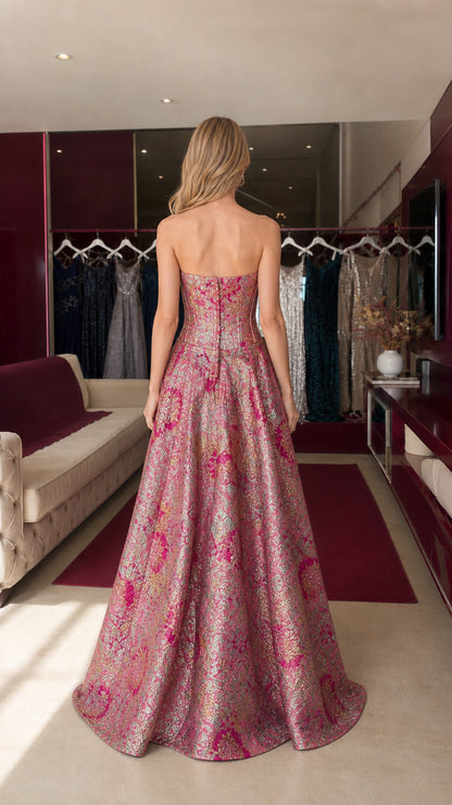Back view of pink strapless evening gown
