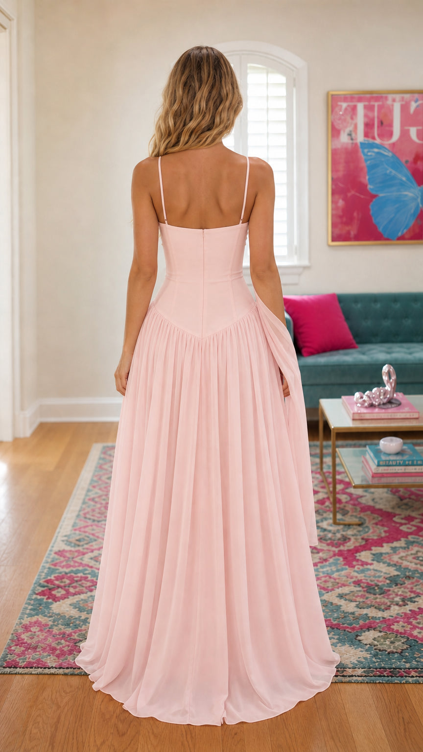 Back view of pink chiffon corset maxi dress