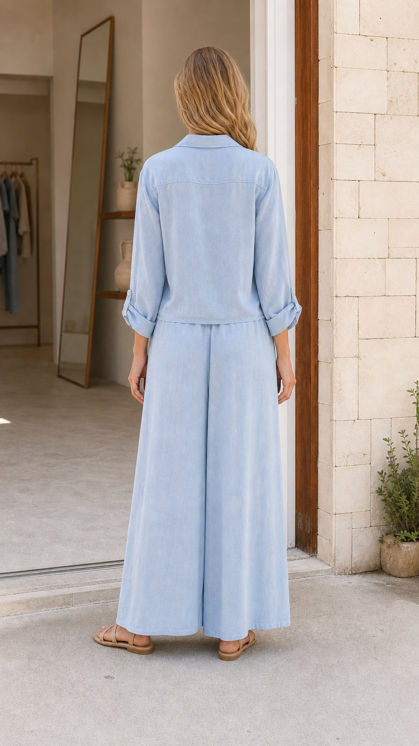 Back view of light blue button-down wide leg jumpsuit