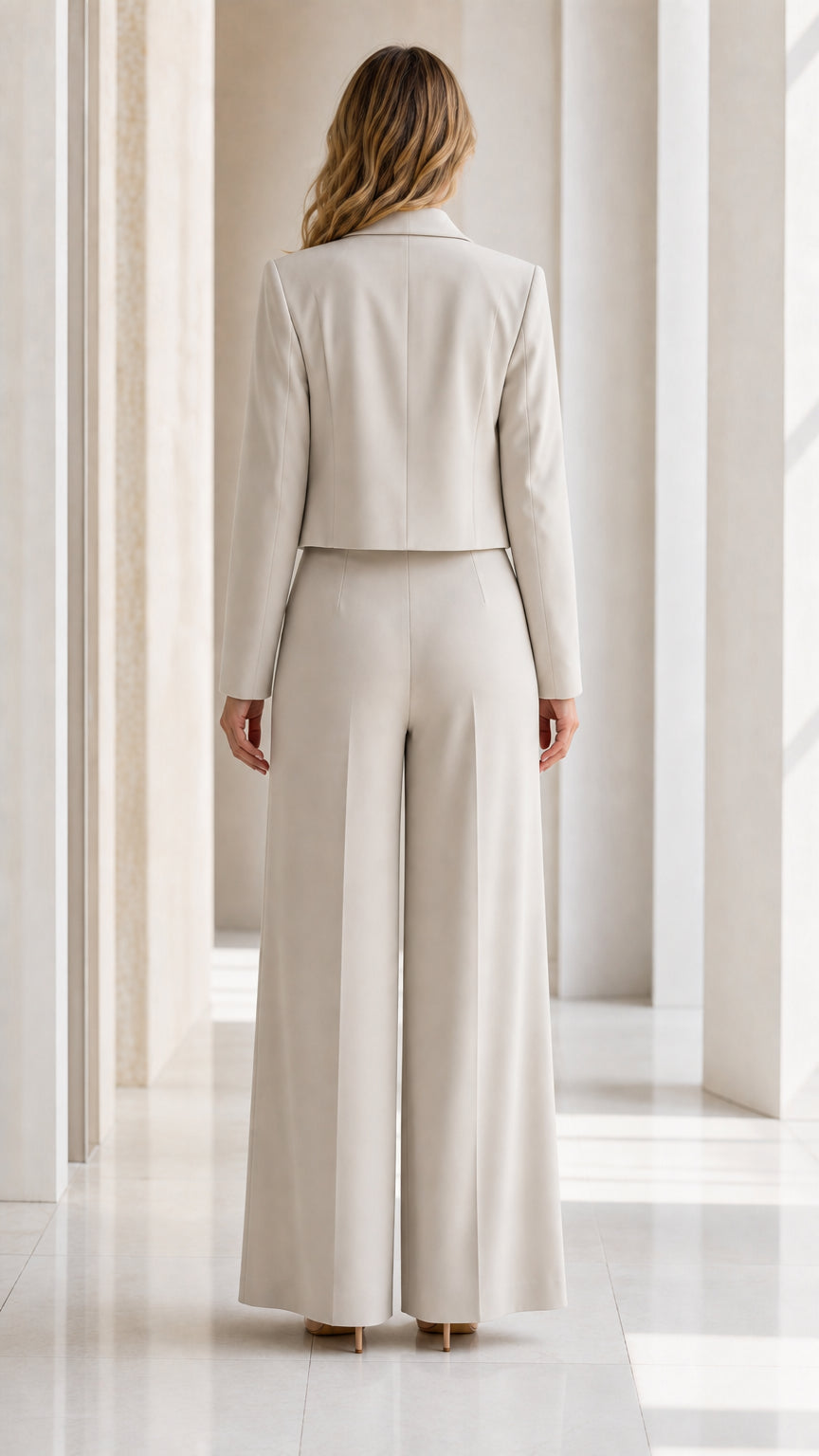 Back view of woman wearing elegant champagne wide leg pant suit and tailored blazer