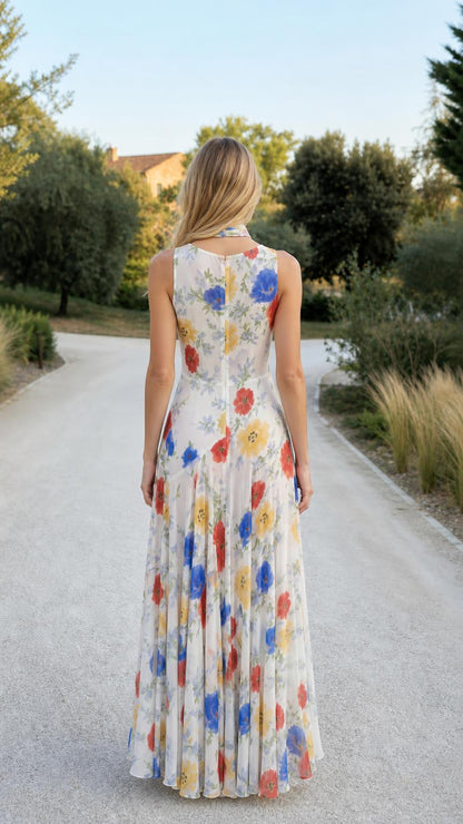 Back view of model showcasing full-length floral maxi dress