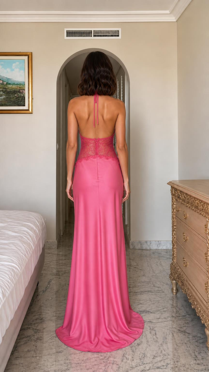 Back view of pink satin lace halter evening gown