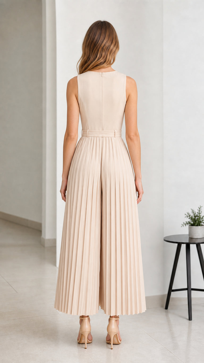Back view of Beige pleated wide-leg jumpsuit