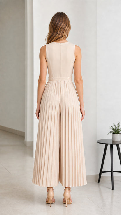 Back view of Beige pleated wide-leg jumpsuit