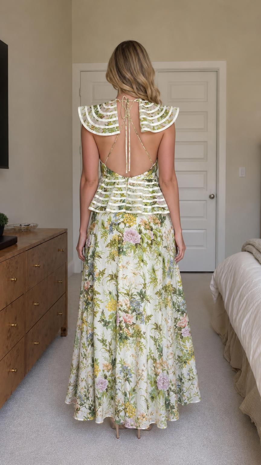Back view of woman showing open tie-back detail