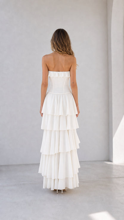 Back view of white strapless maxi dress