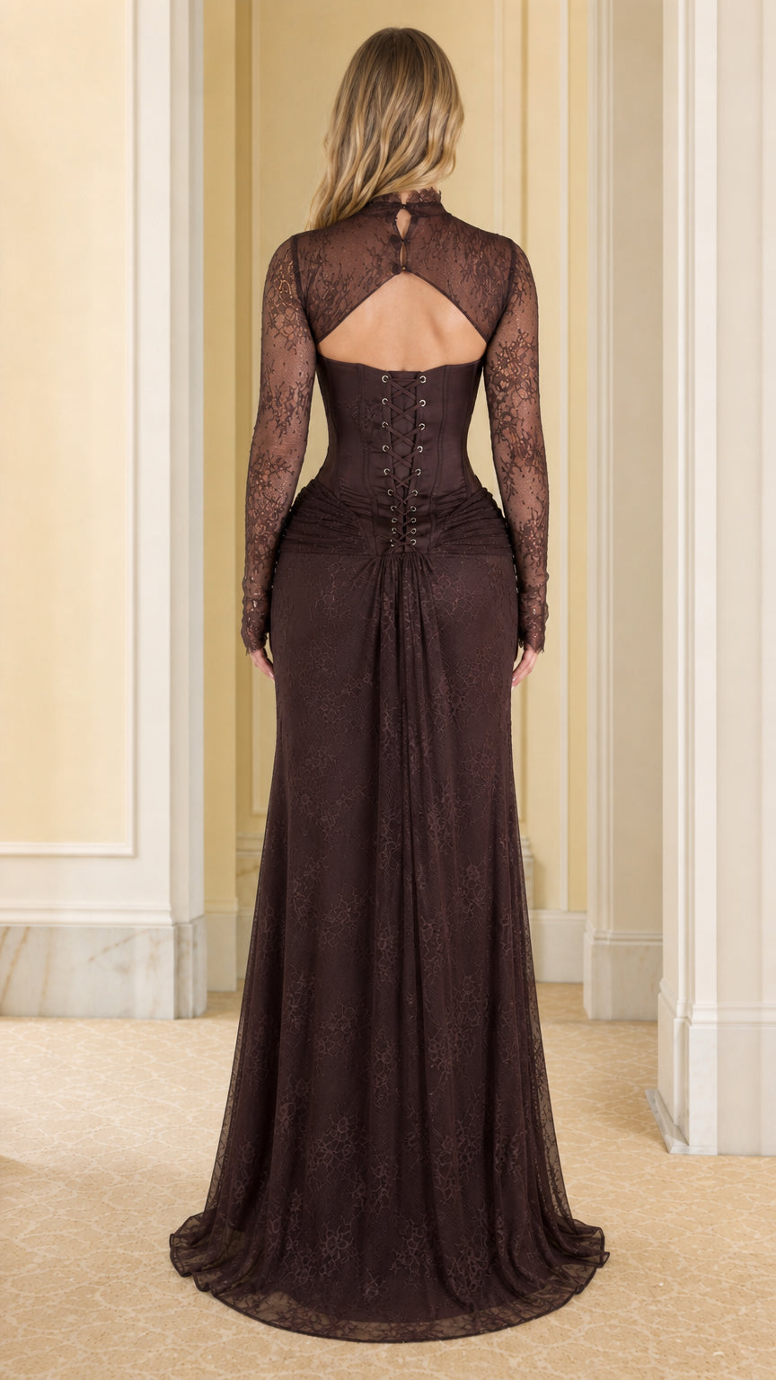 Model wearing Brown long-sleeve lace corset maxi dress, back view with lace-up detail