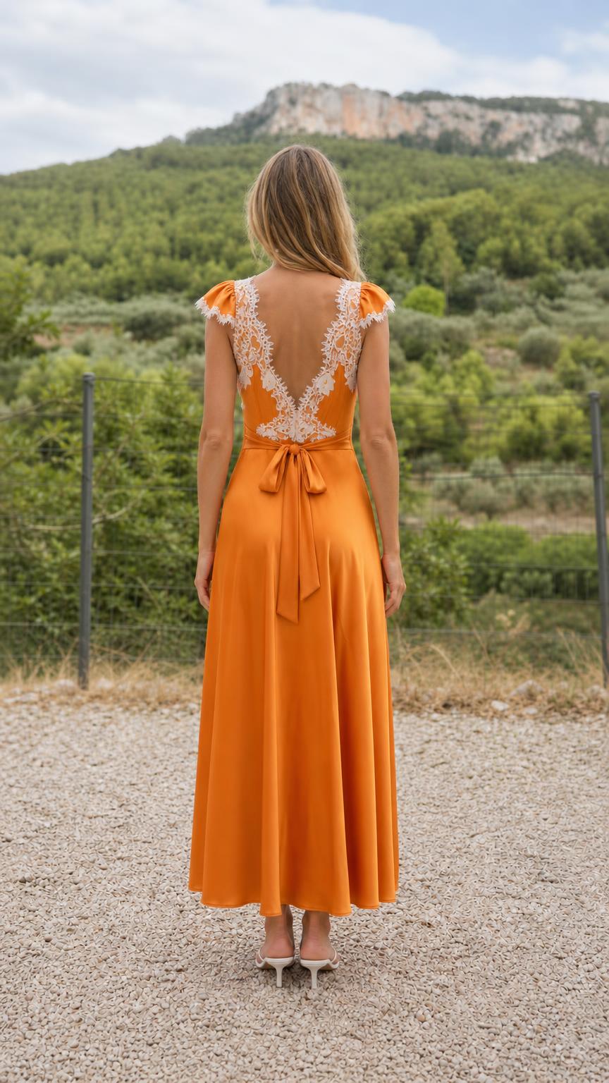 Back view of orange satin maxi dress with tie bow