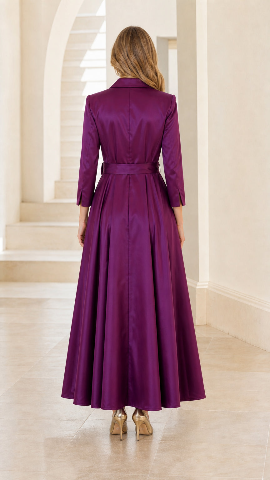 Back view of woman wearing purple satin trench dress