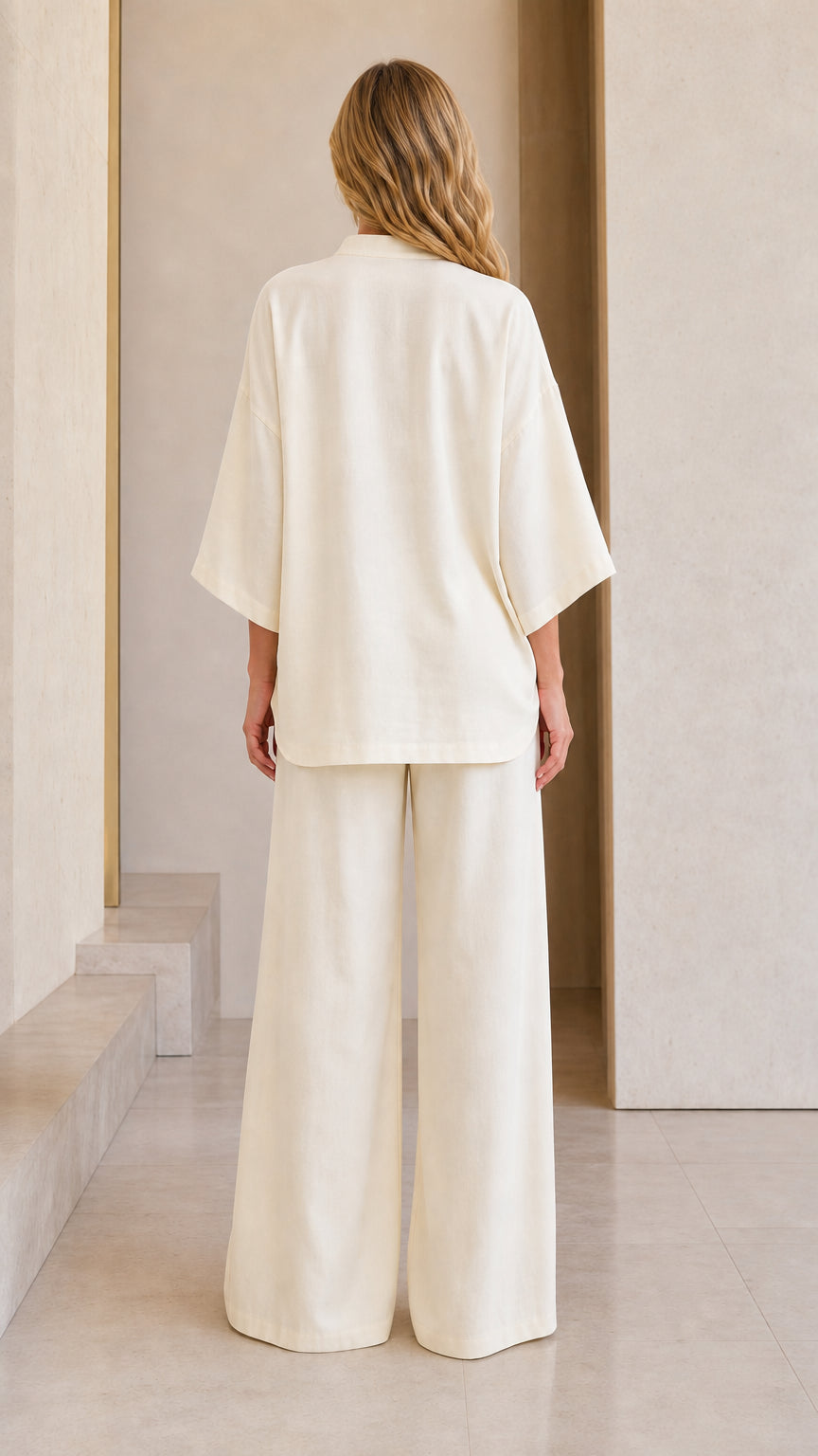 Back view of cream wide-leg lounge set