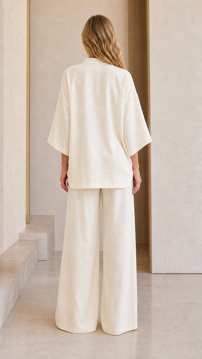 Back view of cream wide-leg lounge set