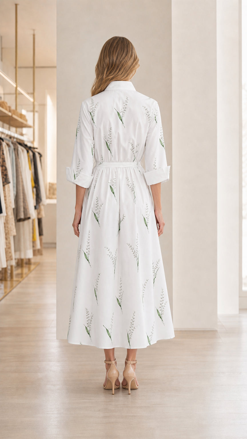 Back view of model in white floral midi shirt dress