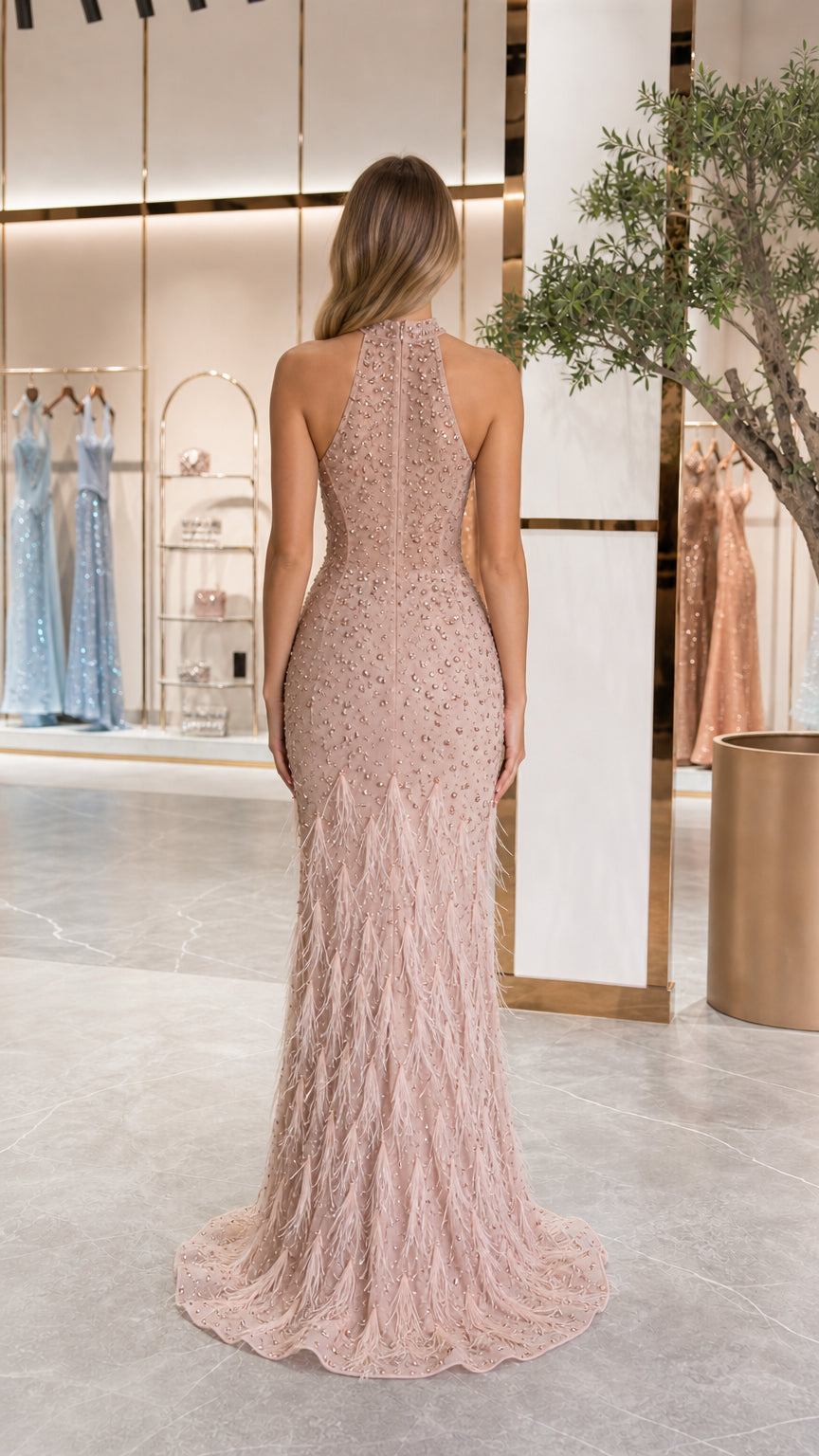 Back view of model in blush pink halter neck formal gown