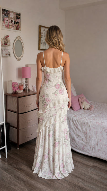 Back view of woman showing strap detail on white floral lace maxi dress