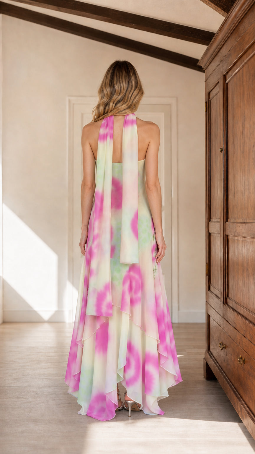 Back view of model wearing pink watercolor chiffon maxi dress with long neck drape