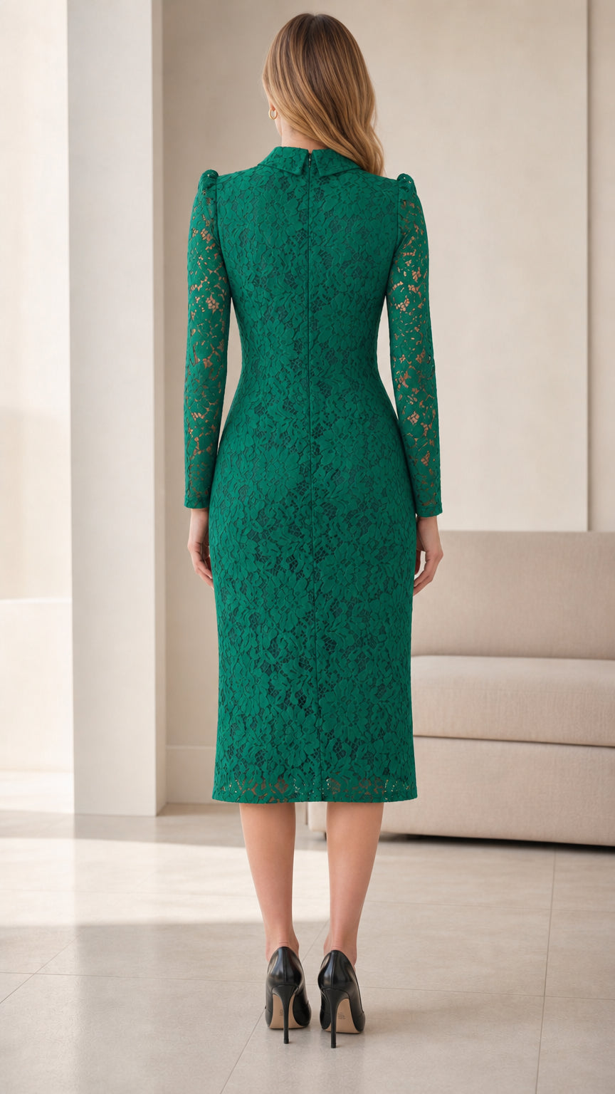 Back view of green lace midi dress
