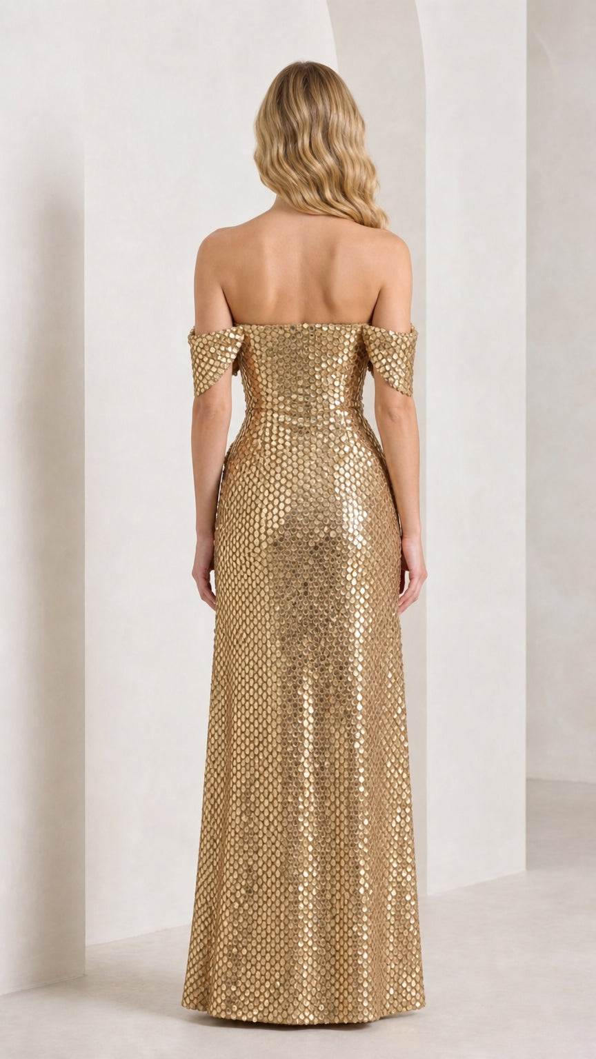 Back view of model in gold sequin gown