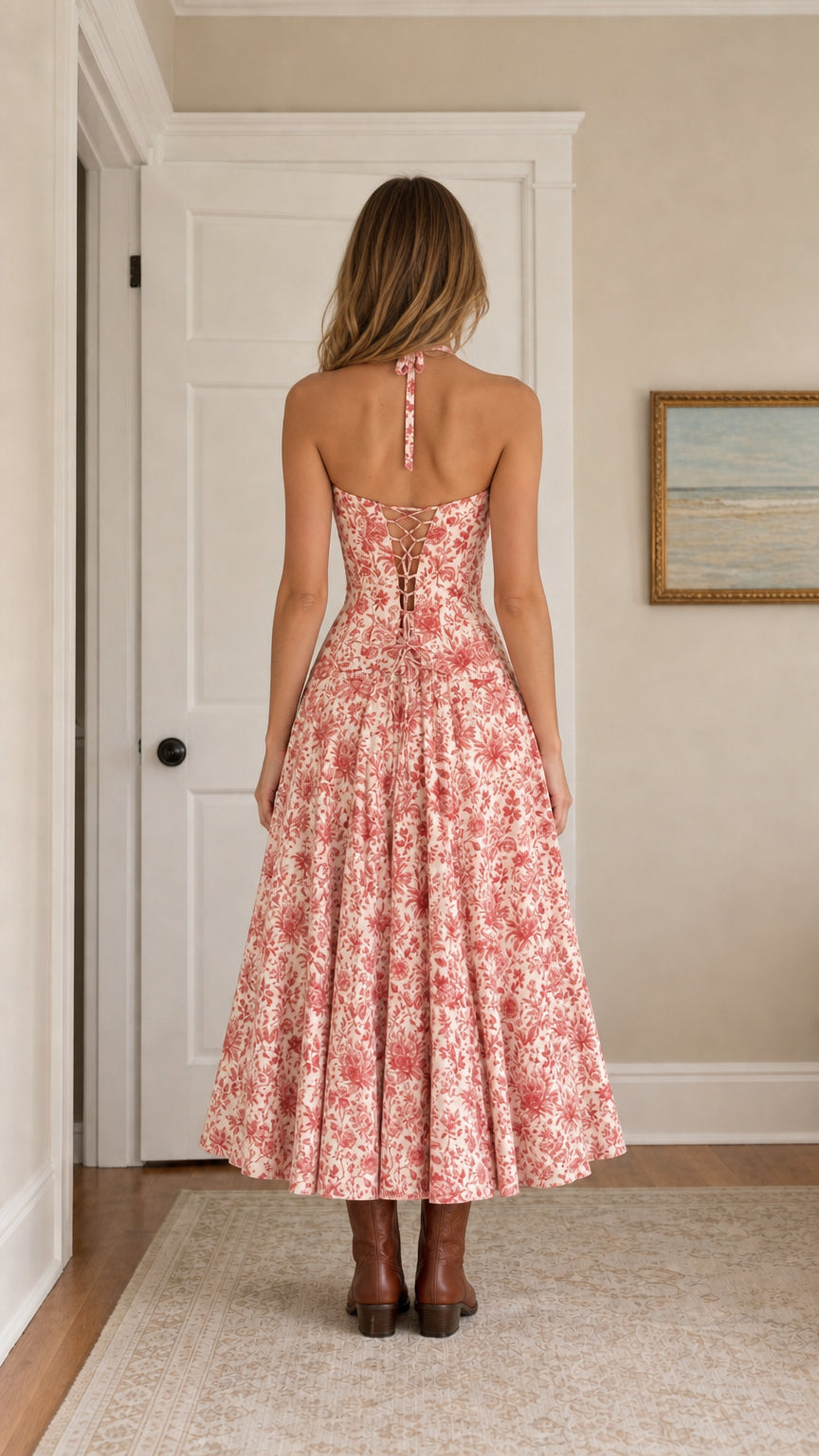 Back view of woman showing lace-up detail on floral dress