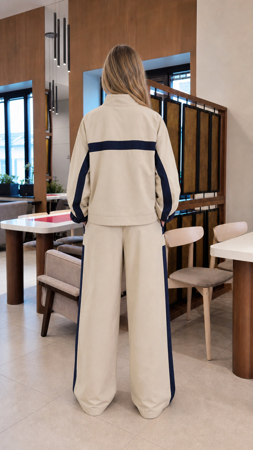 Back view of woman wearing beige track jacket and wide-leg trousers