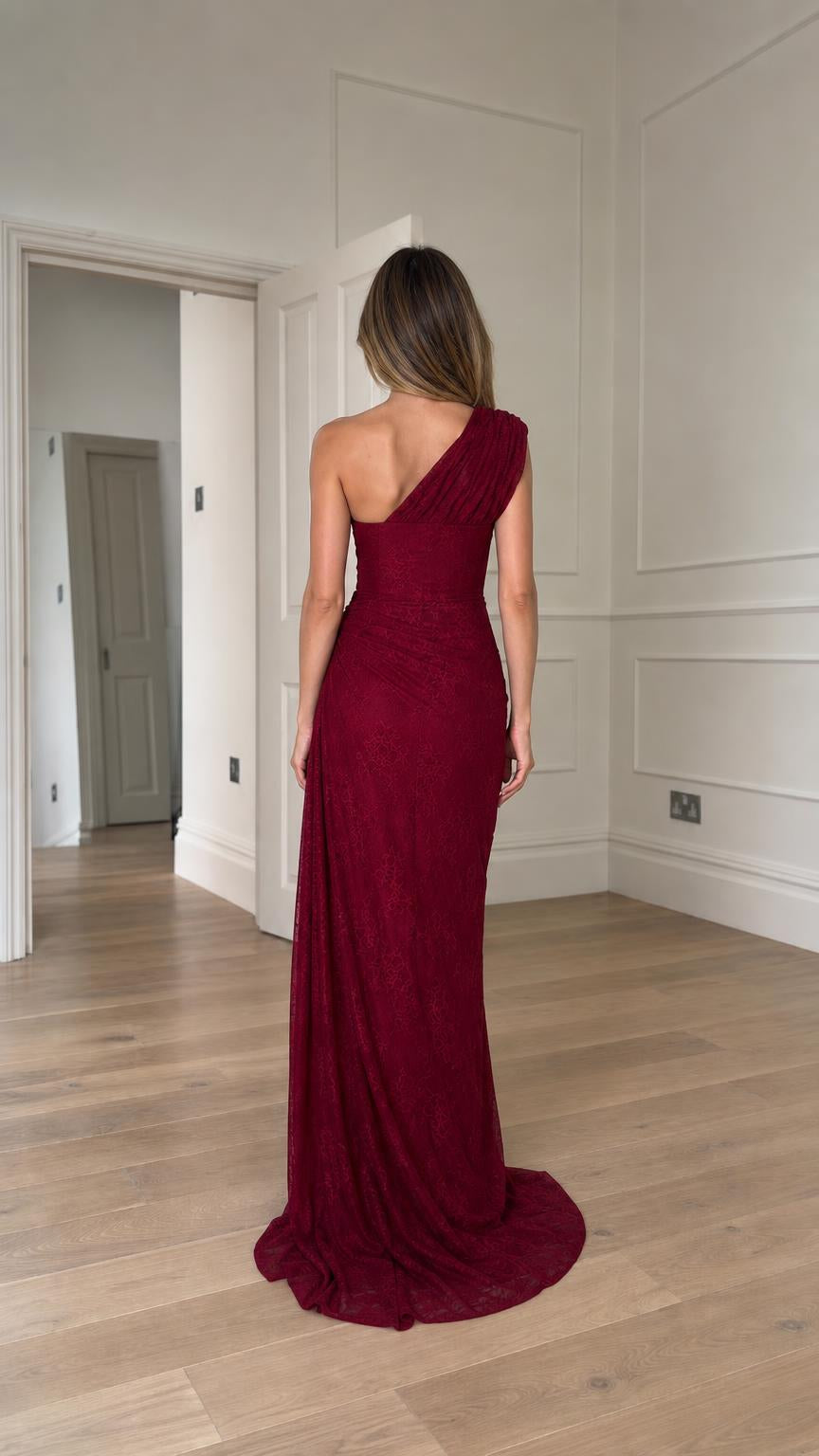 Back view of burgundy lace evening gown