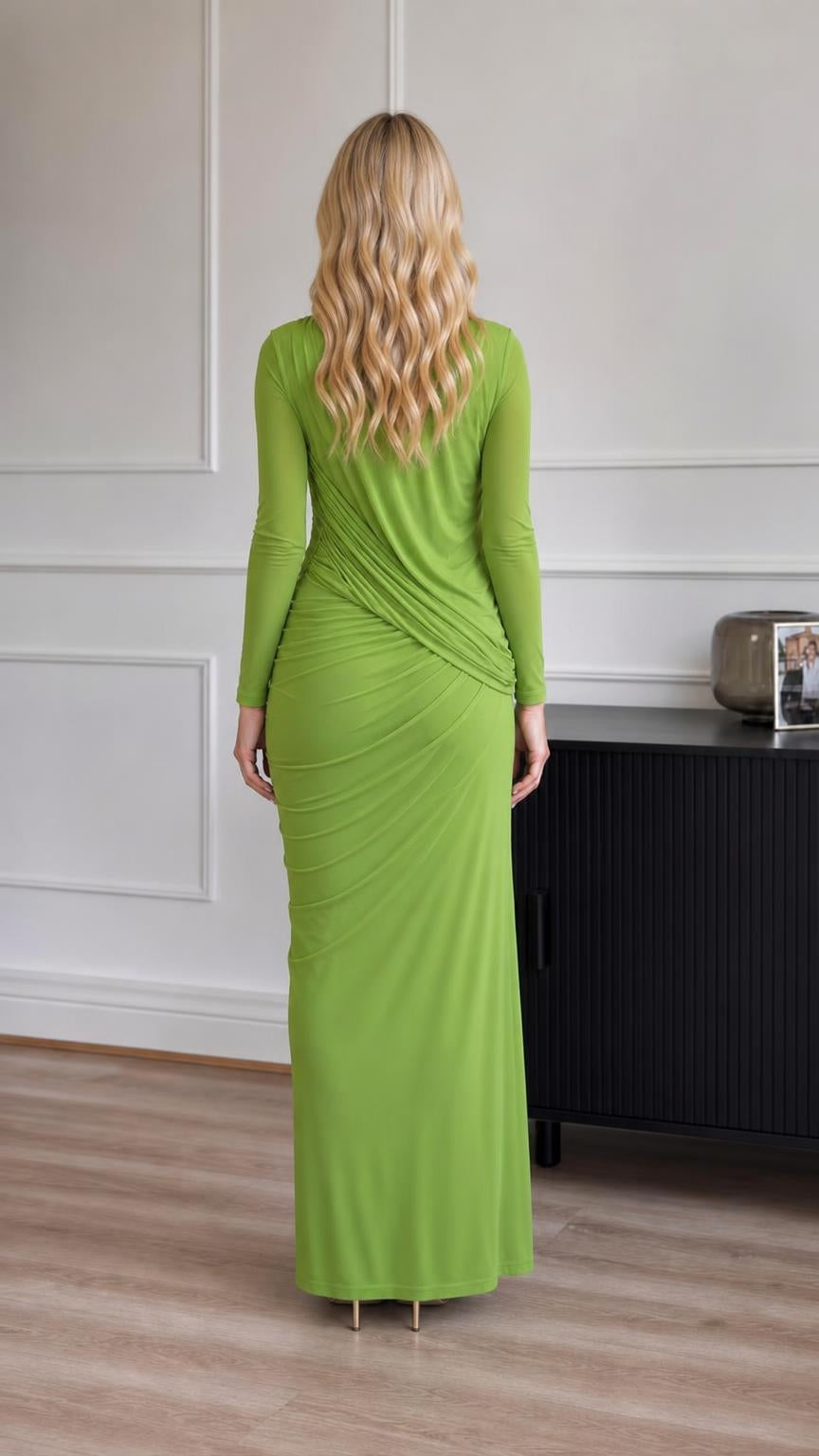 Model wearing green ruched long-sleeve maxi dress back view