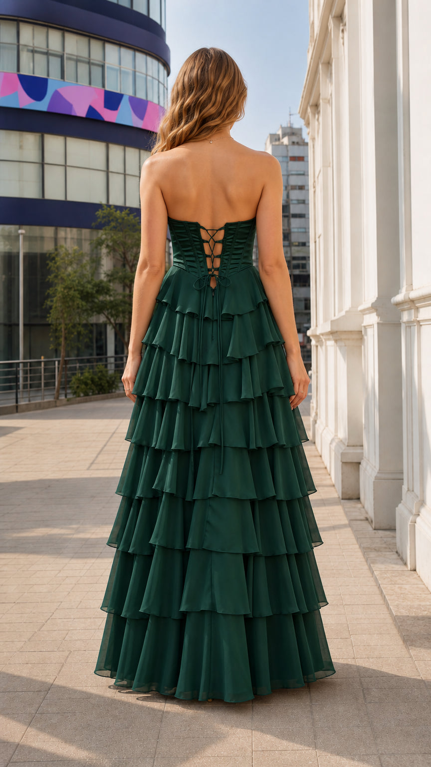 Back view of dark green gown with lace-up corset detail