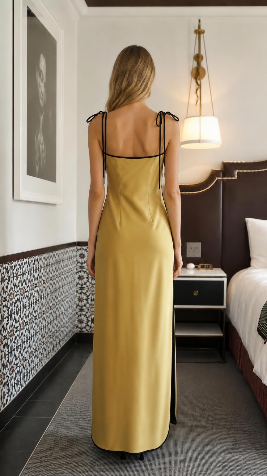 Back view of model showcasing tie straps on gold satin slip dress