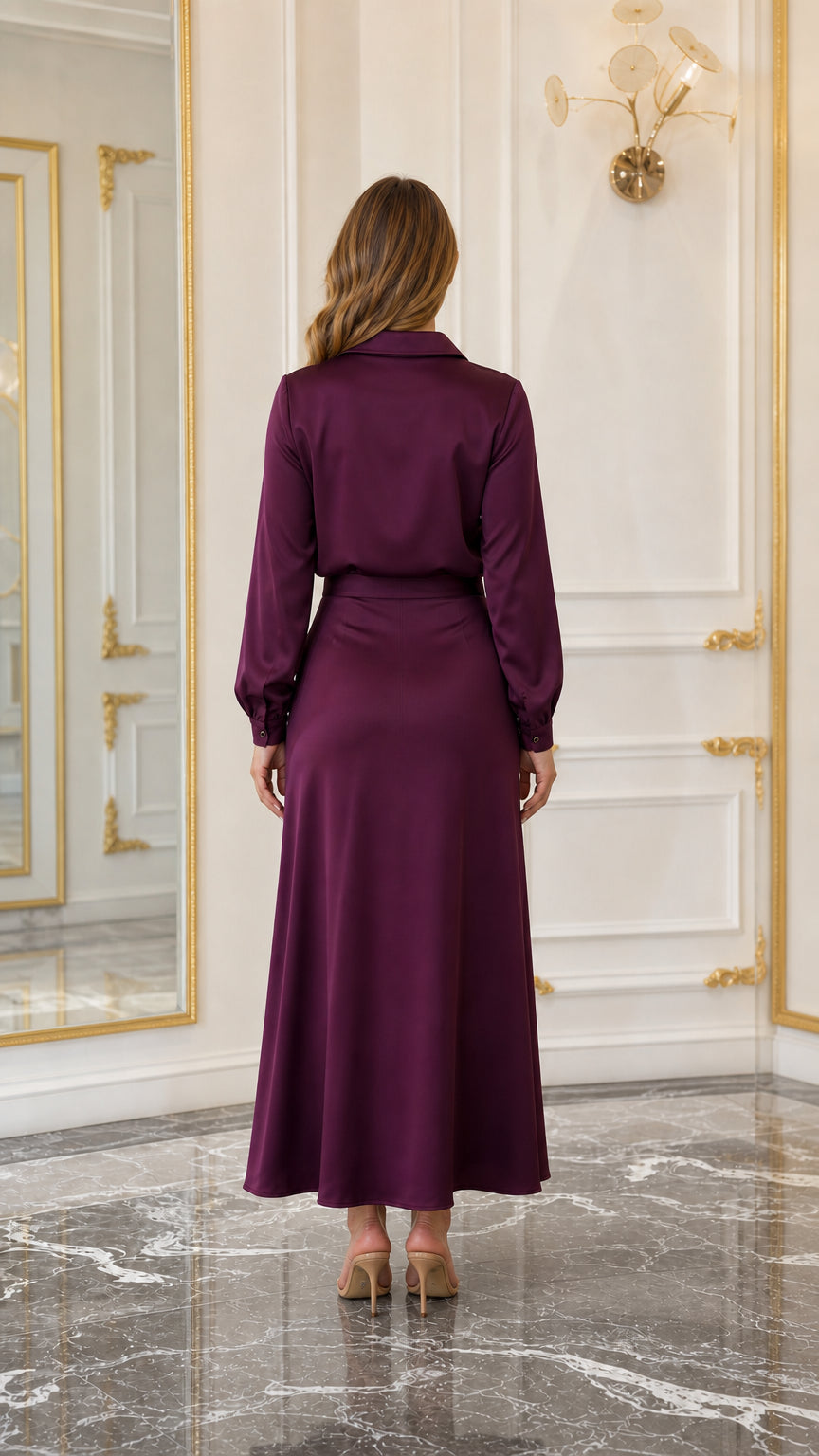 Back view of burgundy tie-waist maxi shirt dress with long sleeves