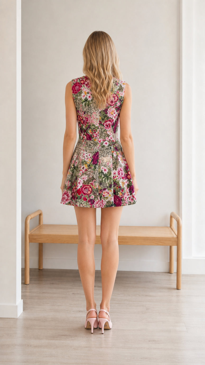 Back view of model wearing beige floral embroidered mini dress