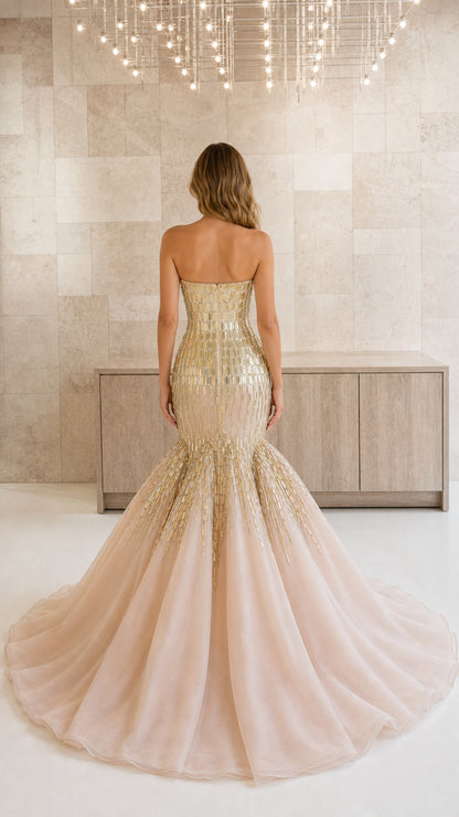 Back view of champagne nude mermaid formal gown showing fitted bodice and flowing train