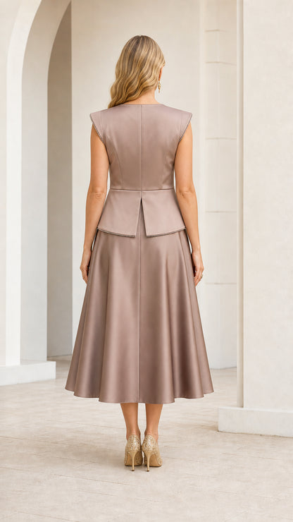 Back view of model showcasing tailored back bodice and flared midi skirt in taupe