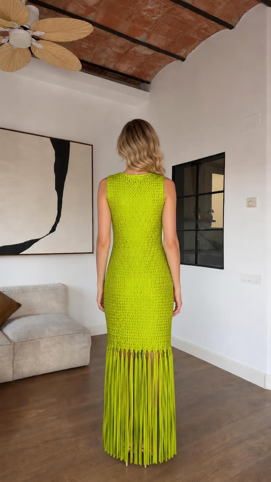Back view of lime woven fringe maxi dress