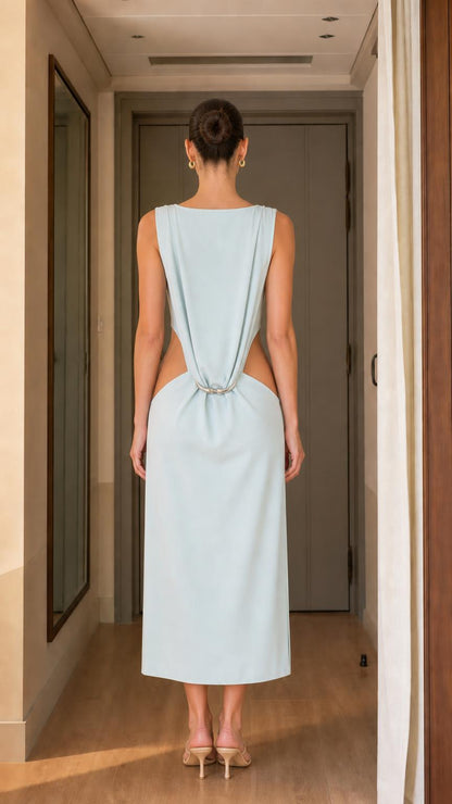 Back view of model in Light Blue cutout midi dress