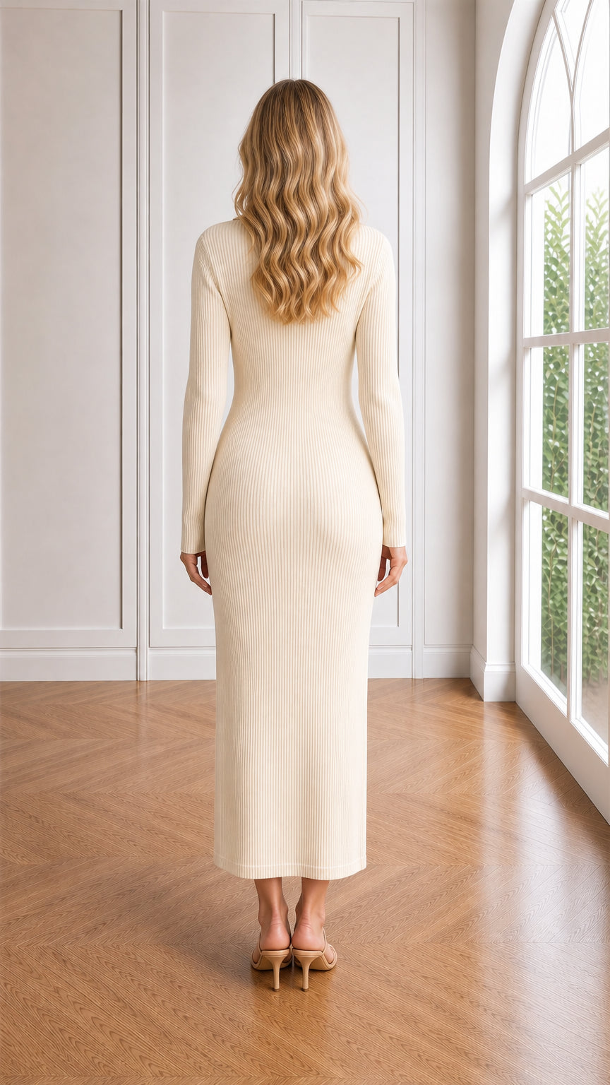 Back view of cream long sleeve ribbed knit column dress