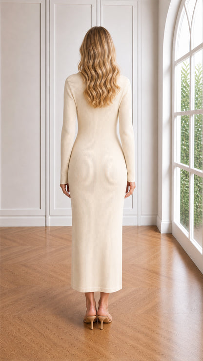 Back view of cream long sleeve ribbed knit column dress