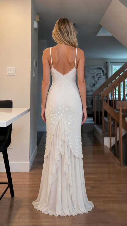 Back view of White sleeveless maxi dress