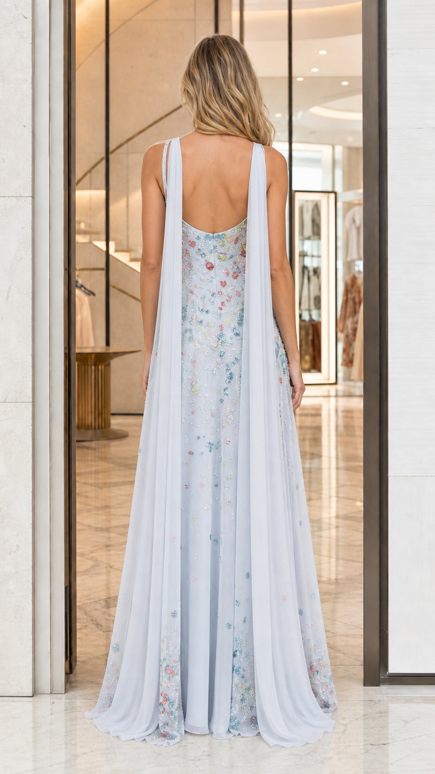Light Blue Embellished Floral Applique Sleeveless Maxi Dress Back View