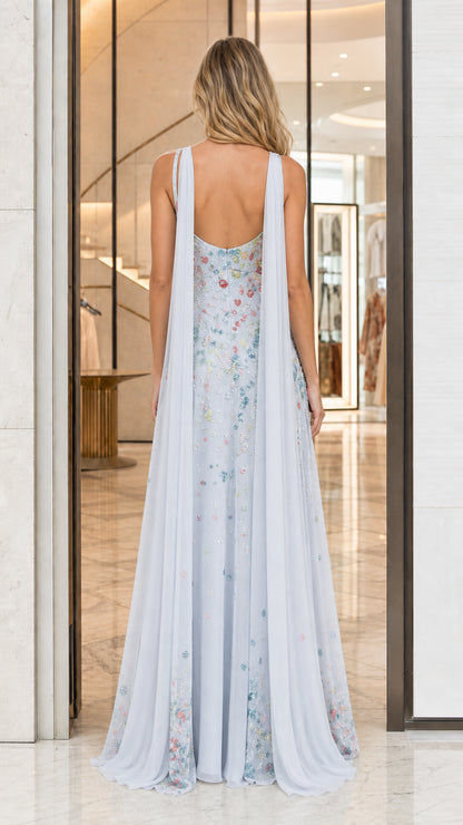 Light Blue Embellished Floral Applique Sleeveless Maxi Dress Back View