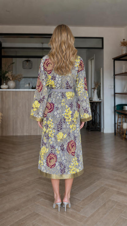 Back view of grey floral embroidered kimono robe