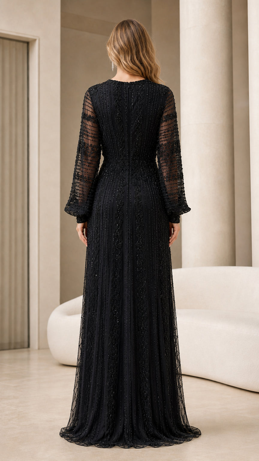 Back view of black sequined floor-length formal dress
